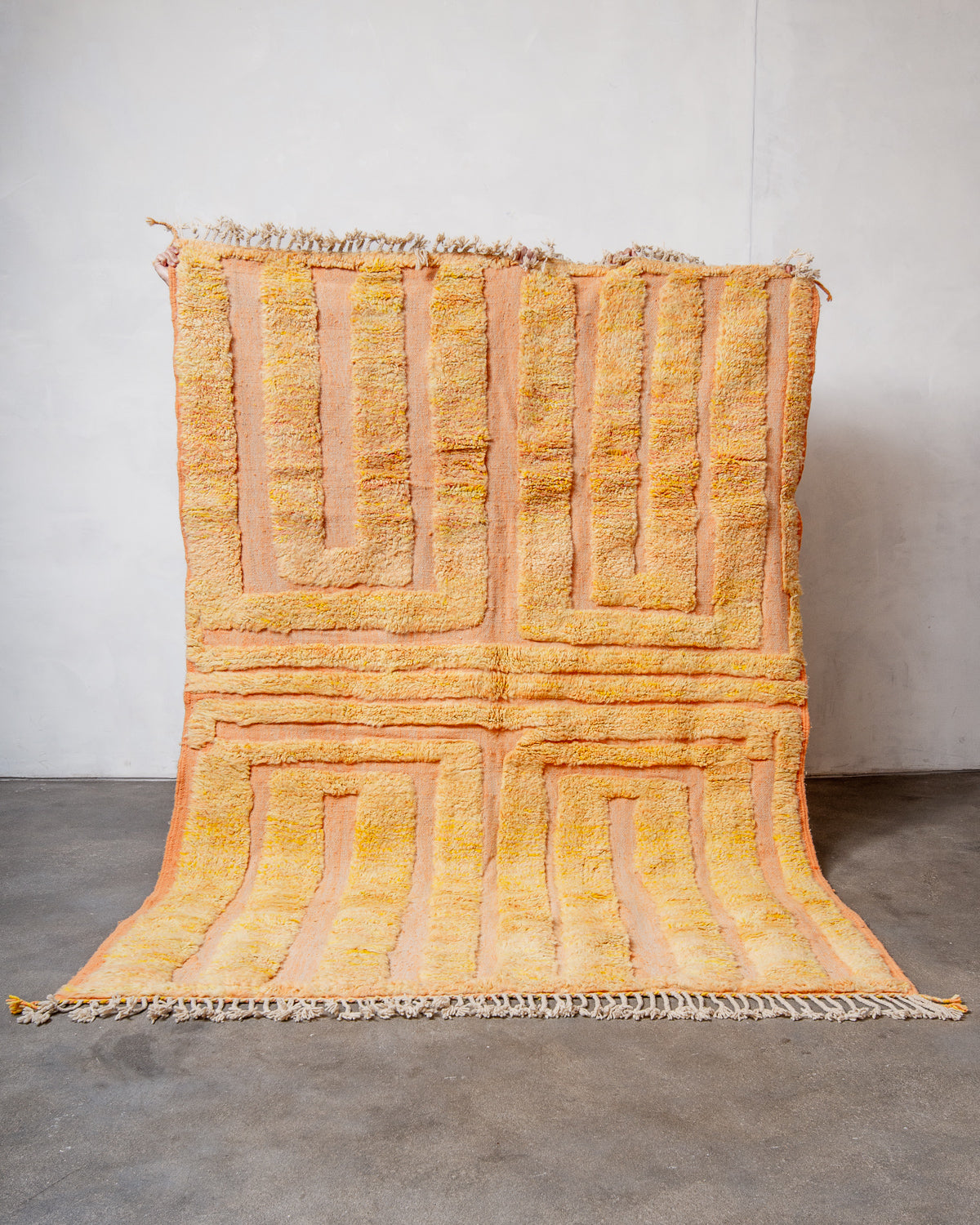 Modern, designer, handcrafted Berber rug from Morocco. Beniourain carpet with beautiful colours and patterns and fluffy wool texture.